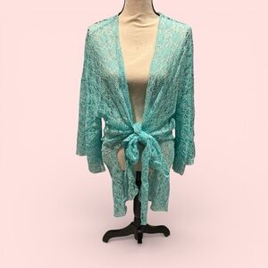 Vintage aquamarine lace tie front wrap top kimono robe swim coverup sheer fairy